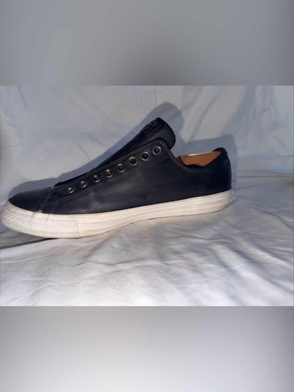 Converse Black Leather Slip-On Low Top Sneakers with White Sole - Picture 5 of 12